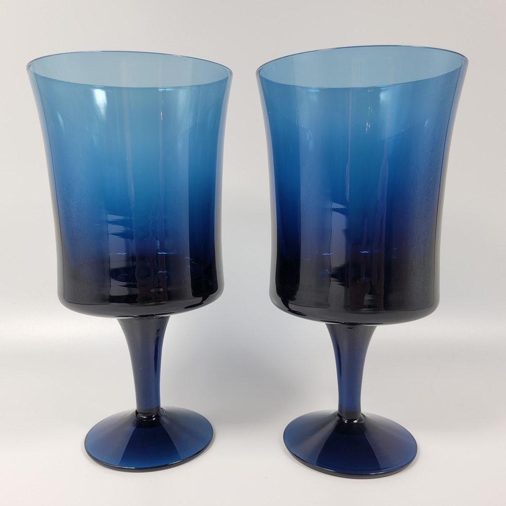 Denby‎ Arabesque Blue Ice 16 oz Water Goblet Glass Set Of 2 Milnor Sweden MCM